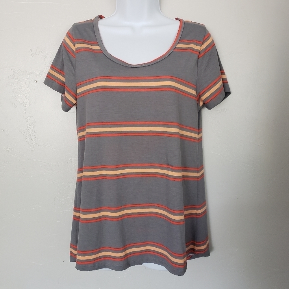LuLaRoe Women's Small Grey Peach Orange Striped Short Sleeve Shirt Soft Comfy